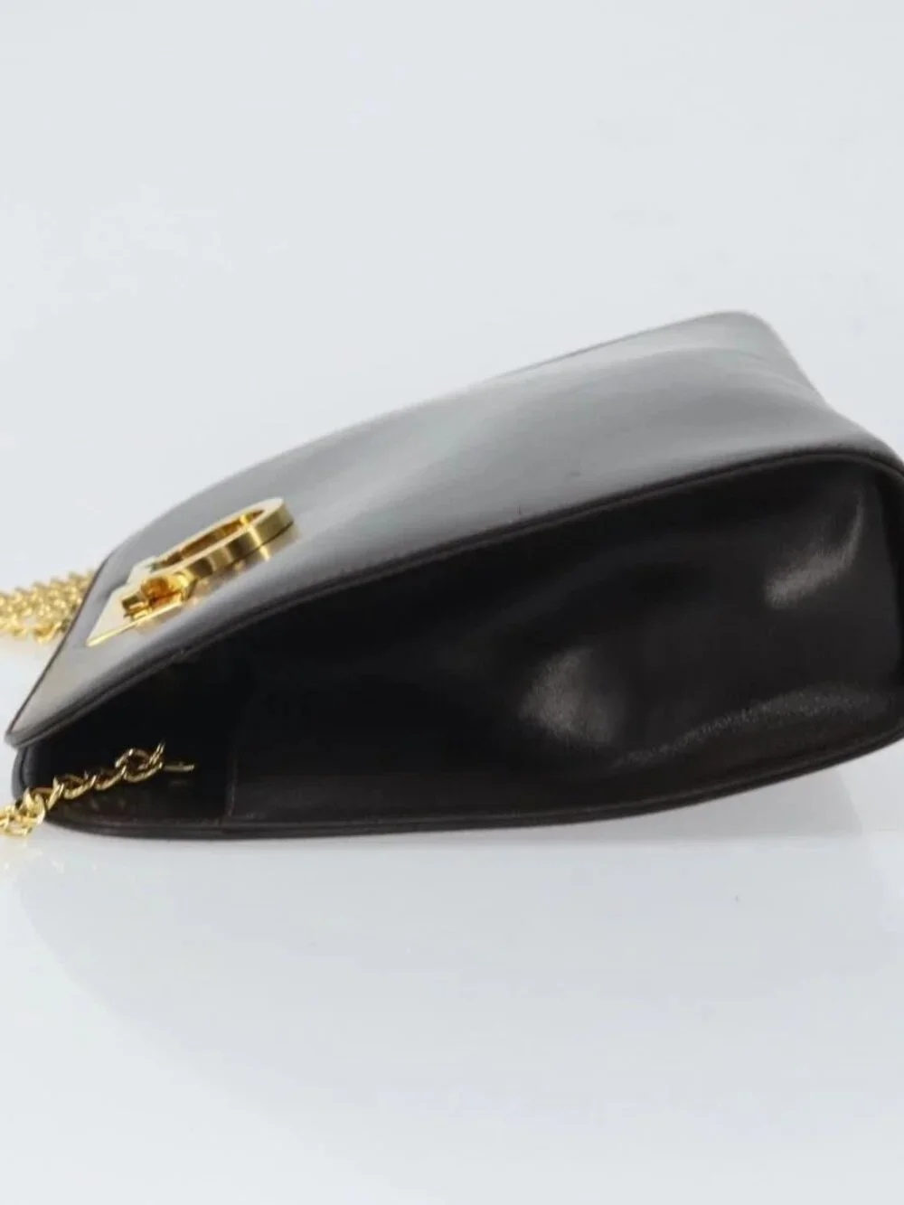 Salvatore Ferragamo Gancini Chain Shoulder Bag Leather Brown Gold Auth 166439